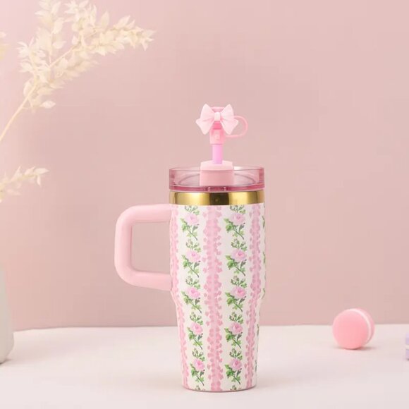 {NEW} 14oz Floral Pattern Stainless Steel Water Bottle Pink/Green - Picture 1 of 5